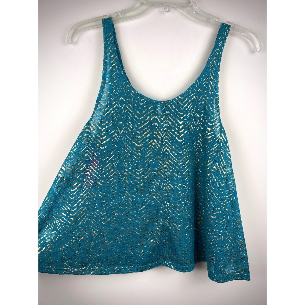 Y2K McBling Turquoise Gold Metallic Crochet Tank Top Boho Festival Beach - Picture 7 of 8